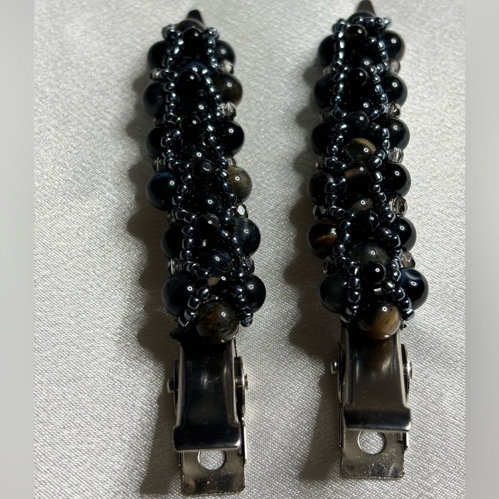 Handmade black tigereye and obsidian beaded hair clips set 2 inches